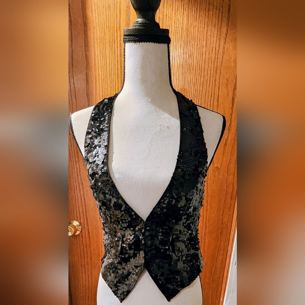 Express Black Sequin Tuxedo Style Vest 2 NWT
